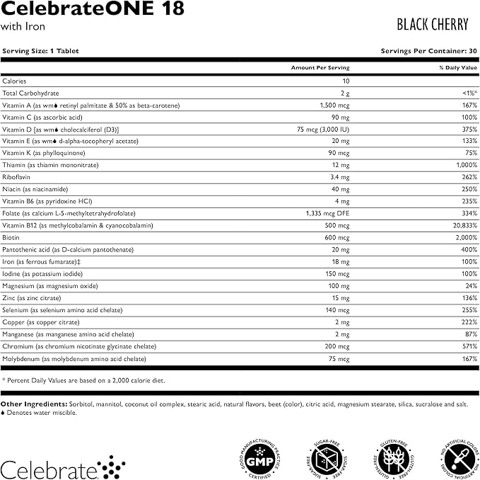 Celebrate Vitamins CelebrateONE 18 Chewables 18mg Iron - Once Daily Bariatric Multivitamin Essential Vitamins &amp Minerals - Gastric Bypass &amp Sleeve Gastrectomy Supplement - Black Cherry (30 T