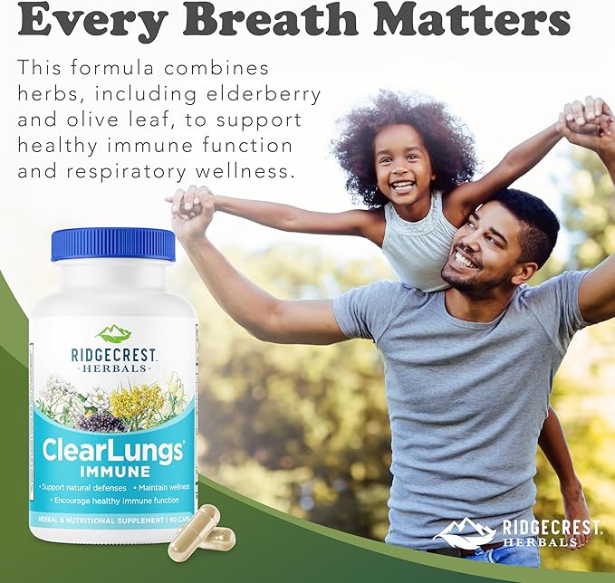 RidgeCrest Herbals ClearLungs Immune Lung Support Supplement with Elderberry Zinc Vitamin C Vitamin A Olive Leaf Mullein Lung Wellness Formula for Respiratory Health (60 Vegan Caps 30 Serv)