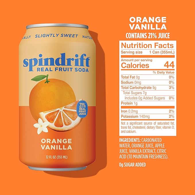 Spindrift Orange Cream Float Orange Vanilla Soda Made with Real Squeezed Fruit 12 Pack Case