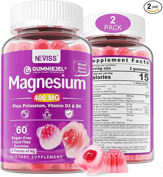 Sugar-Free Magnesium Gummies 400mg | 5-in-1 Complex Magnesium: Glycinate Citrate Malate Chloride &amp Taurate | with Ashwagandha Vitamin D3 &amp Zinc | Calm Mood &amp Energy Support | Vegan 2
