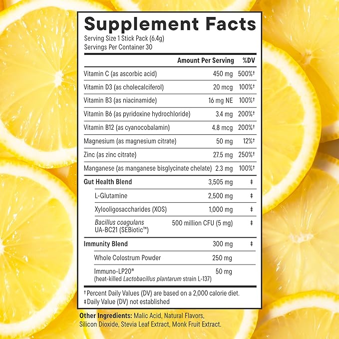 Daily Nouri StayWell Gut Health Drink Mix | Digestive &amp Immune Support Powder | Colostrum + L-Glutamine + Probiotics | Lemonade | 60 Stick Packs