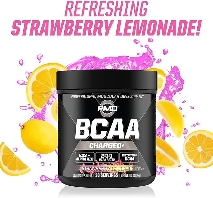 PMD Sports BCAA Charged Amino Acid Drink Mix for Performance Recovery Endurance and Hydration - Increase Muscle Function for Workout and Daily Energy - Strawberry Lemonade (30 Servings)