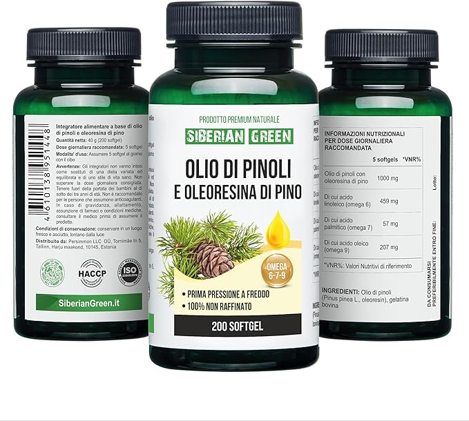 Siberian Green Pine Nut Oil w/Pine Resin Capsules 200 Softgels Wild Harvested Siberia Altai Cold Pressed Unrefined