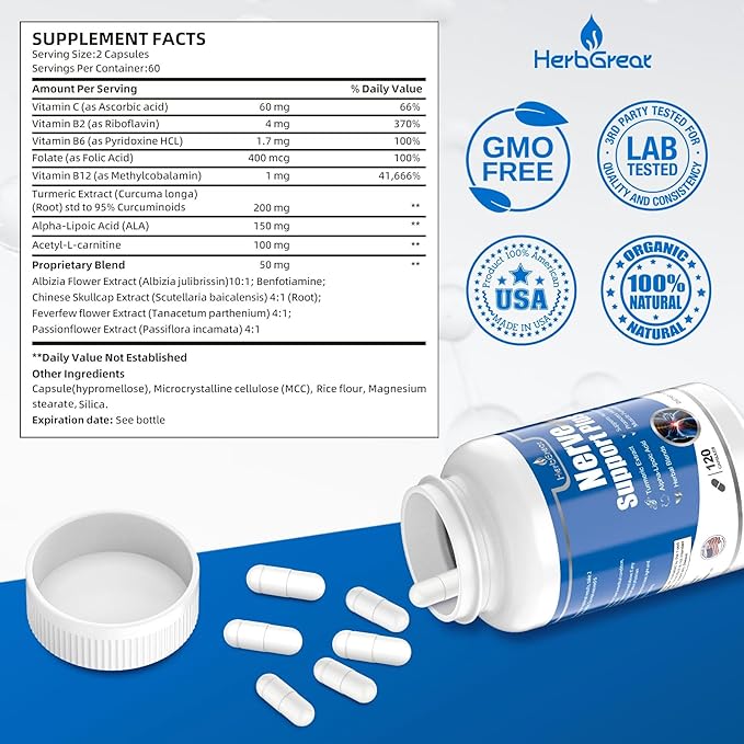 Nerve Support Plus Nerve Supplement Alpha-Lipoic AcidTurmeric Extract B12 Vitamins and Herbal Blend for Fortify Nerve Health 120 Capsules