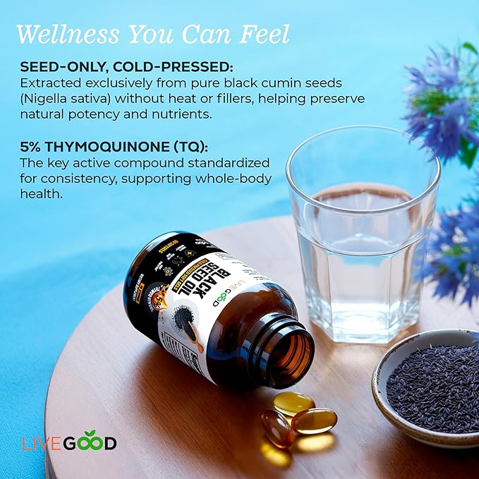 LIVEGOOD Black Seed Capsules Cold Pressed Black Cumin Seed Supplement for Immune and Hormone Support Blackseed Extract from Nigella Sativa (60 Count)