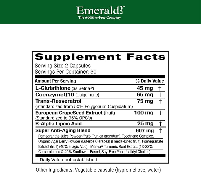 Emerald Labs Anti-Aging Cellular Complex - Supports Healthy Aging &amp Liver Health with Setria L-Glutathione CoQ10 R-Alpha Lipoic Acid Resveratrol &amp More - 60 Vegetable Capsules (30-Day Suppl
