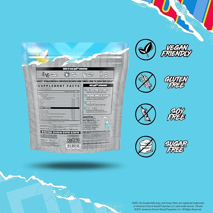 GHOST Hydration Packets Sonic Ocean Water 24 Sticks Electrolyte Powder - Drink Mix Supplement with Magnesium Potassium Calcium Vitamin C - Vegan Free of Soy Sugar &amp Gluten