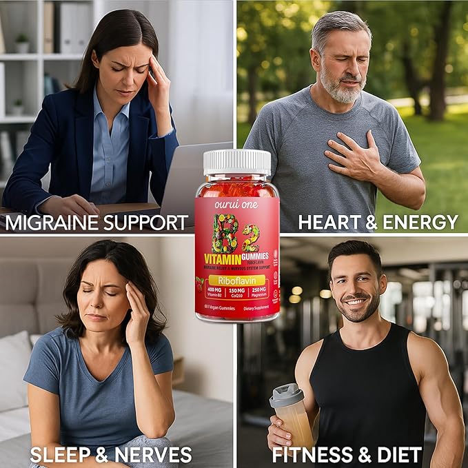 Vitamin B2 Gummies 400mg | Riboflavin 400mg with CoQ10 150mg Magnesium 200mg | B2 Vitamin 400mg for Kids &amp Adults Nervous System &amp Skin Health | 60 Vegan Chewables（Pack 2