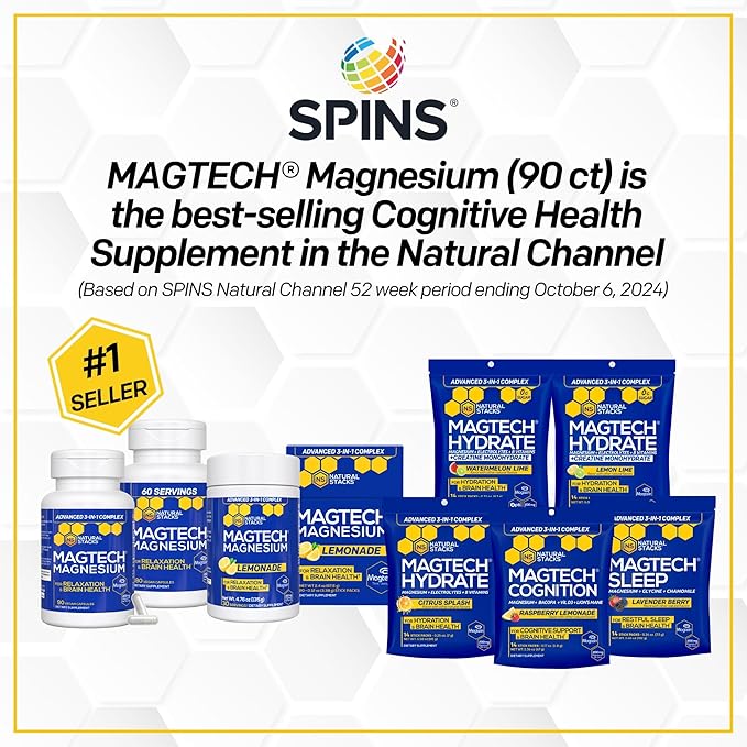 Magtein Magnesium L-Threonate Glycinate &amp Taurate - MagTech Magnesium Powder - Sugar Free Lemonade Drink - 200mg Chelated Triple Complex - Supports Relaxation &amp Brain Health* - 30 Servings
