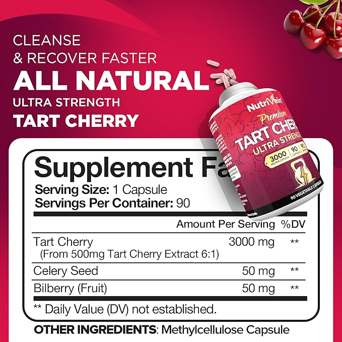 Nutrivein Premium Tart Cherry 500mg &amp Apple Cider Vinegar 1600mg Bundle - Muscle Recovery &amp Uric Acid Cleanse Plus Digestion Support &amp Weight Management - Non-GMO Vegan/Vegetarian - 90 +