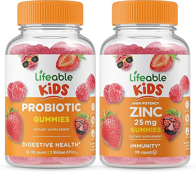 Lifeable Probiotic 2 Billion CFU Kids + Zinc 25mg Kids Gummies Bundle - Great Tasting Vitamin Supplement Gluten Free GMO Free Chewable Gummy