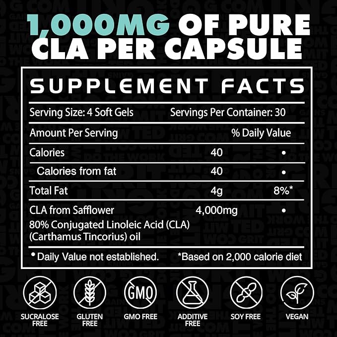 Gains in Bulk Clear Cut CLA Pure Conjugated Linoleic Acid Supplements for Men &amp Women to Support Body Composition &amp Fitness Goals Gluten Free Vegan Non GMO 1000 MG per Capsule 30 Serving