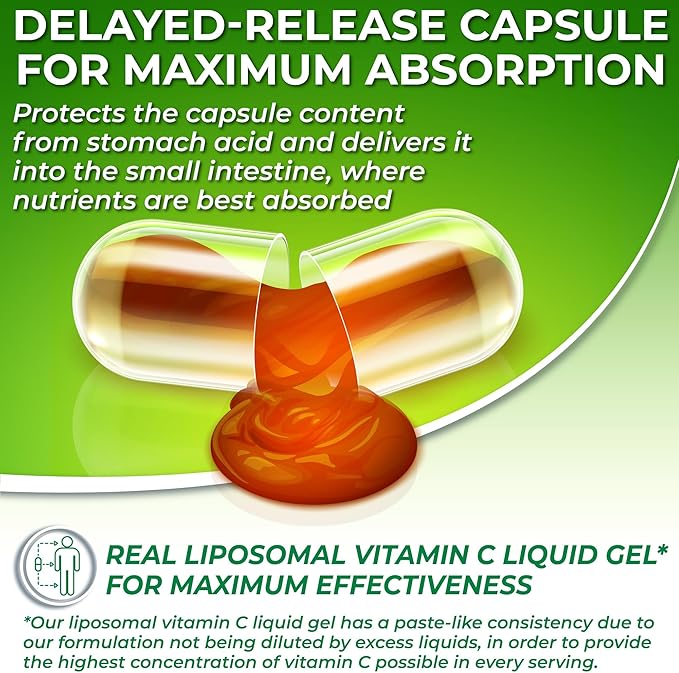 Liposomal Vitamin C Liquid Gel Capsules - 1100mg - Made with Organic Acerola Cherries High Potency Vitamin C Liposomal Immune Support Supplement with Enhanced Absorption &amp Bioavailability - 120 c