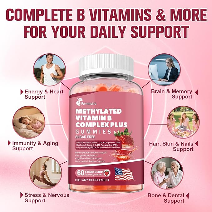 Ultra Methylated Vitamin B Complex Sugar Free Gummies - All B Vitamins + Vitamin C D3 K2 Ashwagandha Magnesium Omega 3 CoQ10 for Women Men - Methyl Vitamin B12 Methylfolate B1 B2 B3 B5 B6 B7 B9