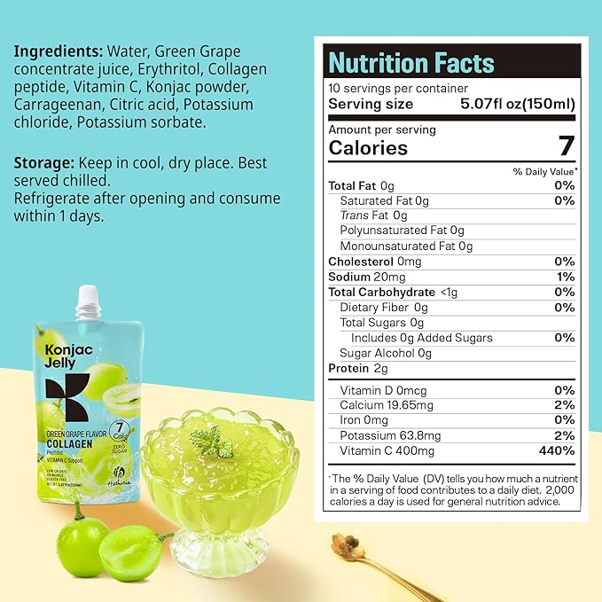 Hethstia Konjac Jelly Green Grape Flavor with Collagen Peptides 10 Packs and Konjac Fettuccine Gluten Free 12 Packs Low Calorie Keto Sugar Free Healthy Food