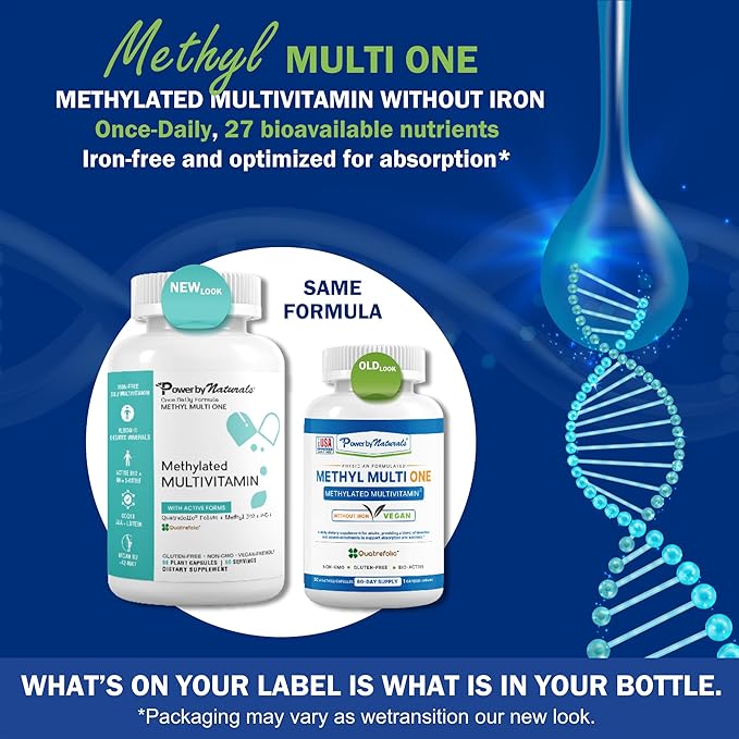 Power By Naturals Methyl Multi One – Iron-Free Methylated Multivitamin with 5-MTHF Methyl B12 &amp CoQ10 – Methylation Support for Men &amp Women – Vegan Non-GMO – 60 Capsules (2-Month Supply)