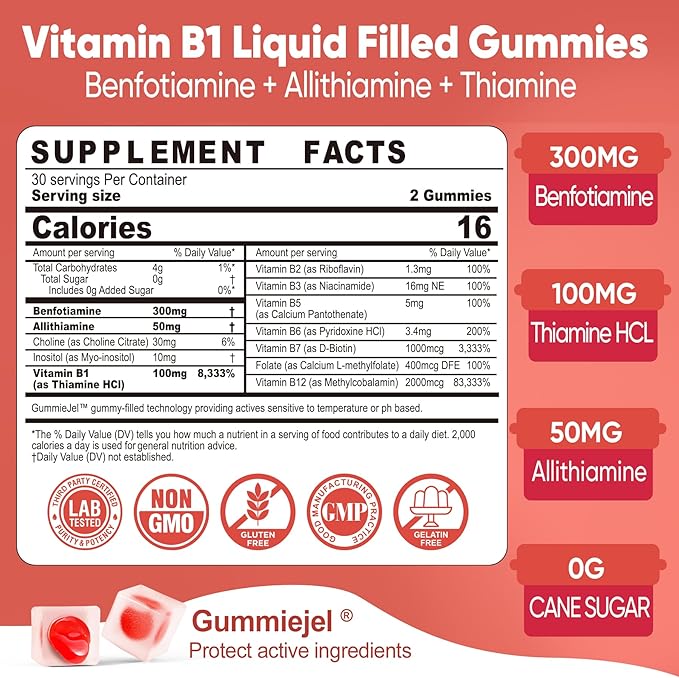 Vitamin B1 &amp Methylated Vitamin B Complex Gummies - All B Vitamins Benfotiamine Thiamine &amp Inositol Methylated B1 B2 B6 Multivitamins L-methylfolate Methyl B12 for Nerve Cognition Energy