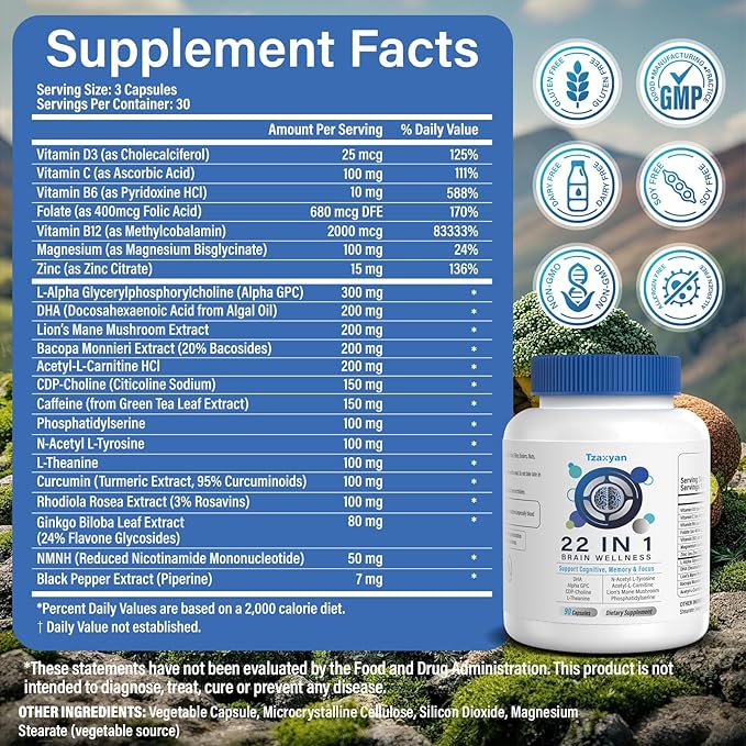 Brain Supplements for Memory and Focus Clarity &amp Cognitive Improvement 300mg Alpha GPC CDP-Choline DHA Lion’s Mane L-Theanine Vitamin &amp Phosphatidylserine for Men &amp Women 90 Capsul