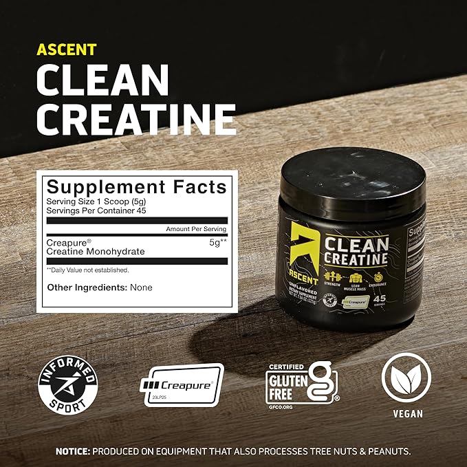 Ascent Clean Creatine Monohydrate Powder - 5G Per Serving Creapure Supplement - Unflavored 45 Servings