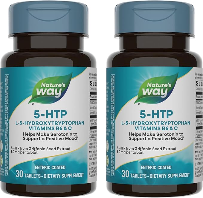 Nature's Way 5-HTP L-5-Hydroxytryptophan Helps Make Serotonin to Promote a Positive Outlook* Vitamin B6 Vitamin C Griffonia Bean Extract 30 Tablets (Packaging May Vary) - 2 Pack