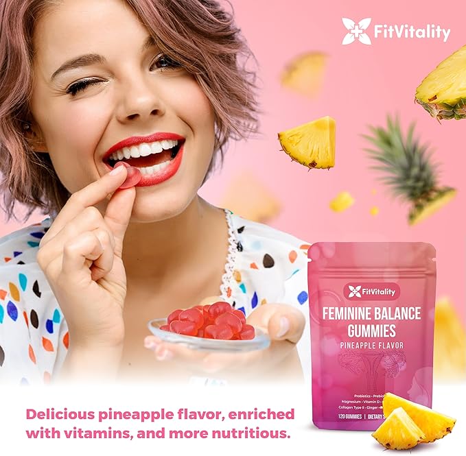 Premium 120 Feminine Balance Gummies – Probiotics Collagen Type II Chasteberry Vitamin D &amp Magnesium – Gluten-Free Pineapple Flavor Vegan