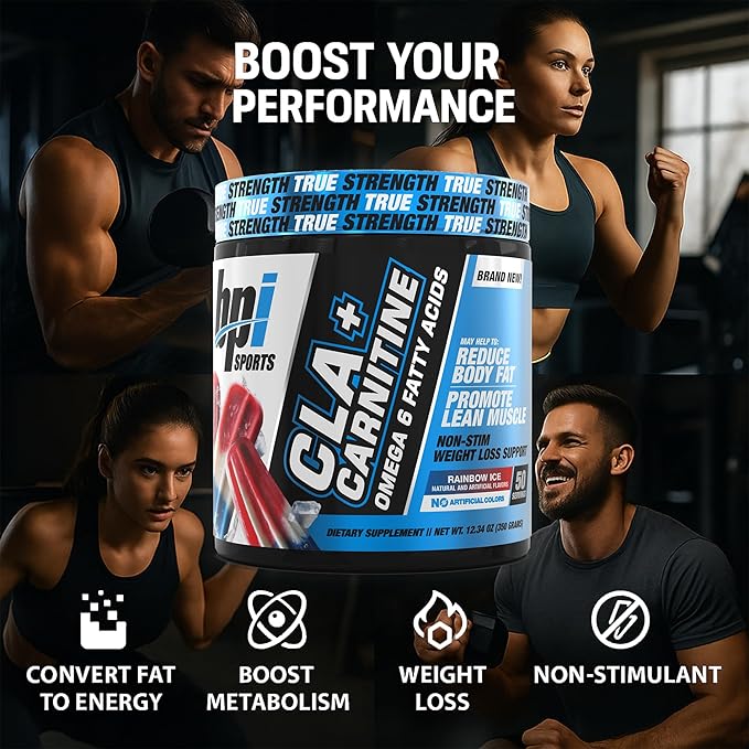 BPI Sports CLA + Carnitine Powder – Non Stimulant Fat Burner for Weight Loss Metabolism &amp Lean Muscle – Caffeine Free – Rainbow Ice – 50 Servings – 12.34 oz