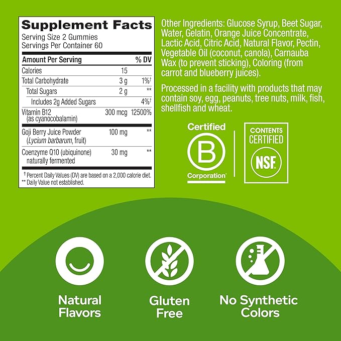 OLLY Daily Energy Gummy Caffeine Free Vitamin B12 CoQ10 Goji Berry Adult Chewable Supplement Tropical Flavor - 120 Count Pouch
