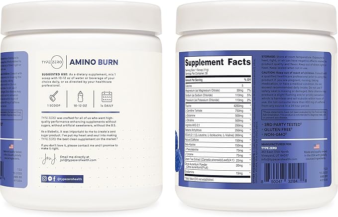Type Zero Amino Burn - Vegan BCAA + Clean Pre Workout Powder with Arginine AKG L-Citrulline &amp Beta Alanine - Amino Acid Clean Energy Endurance &amp Hydration Supplement - Blue Raspberry 30 Ser