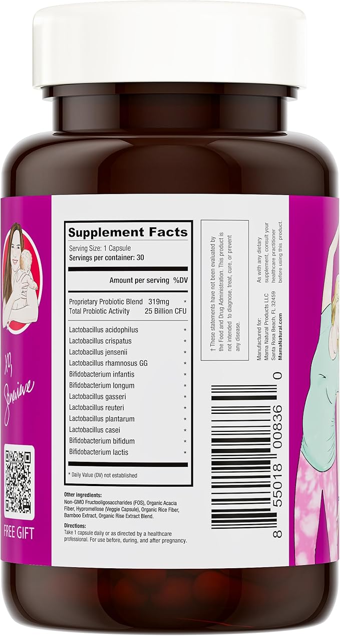 Mama Natural Prenatal Probiotics for Women – Gut &amp Immune Support for Pregnancy Breastfeeding &amp Postpartum* | 25 Billion CFU 12 Strain Probiotic &amp Prebiotic Blend to Support Mom and Baby