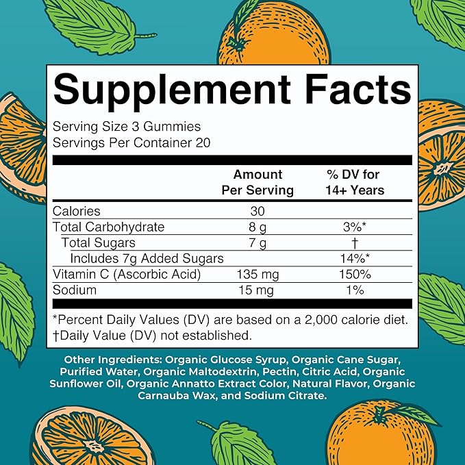 MARYRUTH'S Adult Vitamin C Gummies | USDA Organic | Vegan Chewable Vitamin C Gummies for Ages 14+ | for Immune Support &amp Overall Wellness | Vegan | Non-GMO | Orange Flavor | 60 Count