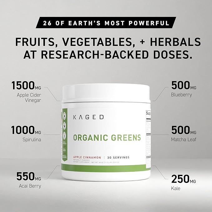 Kaged Organic Greens Powder | Apple Cinnamon | Outlive 100 Superfood &amp Greens Powder | Apple Cider Vinegar Supergreens Ashwagandha | Vitamins &amp Minerals | Supplements for Men &amp Women | 3