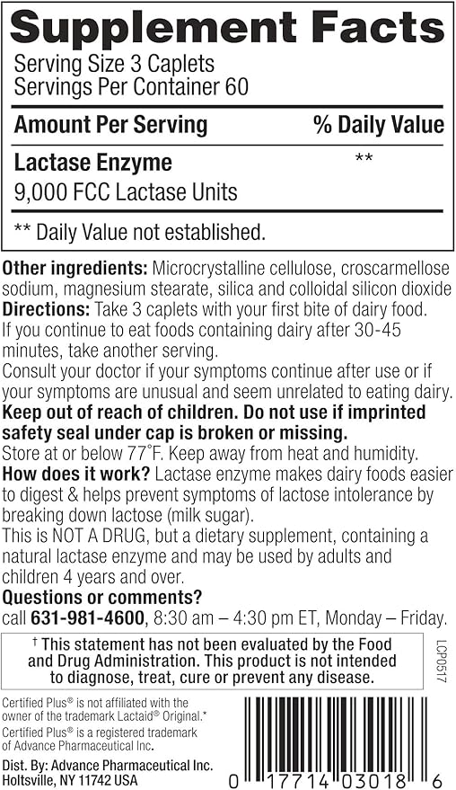 Lactase Enzyme 360 Caplets Generic Lactaid Original Strength
