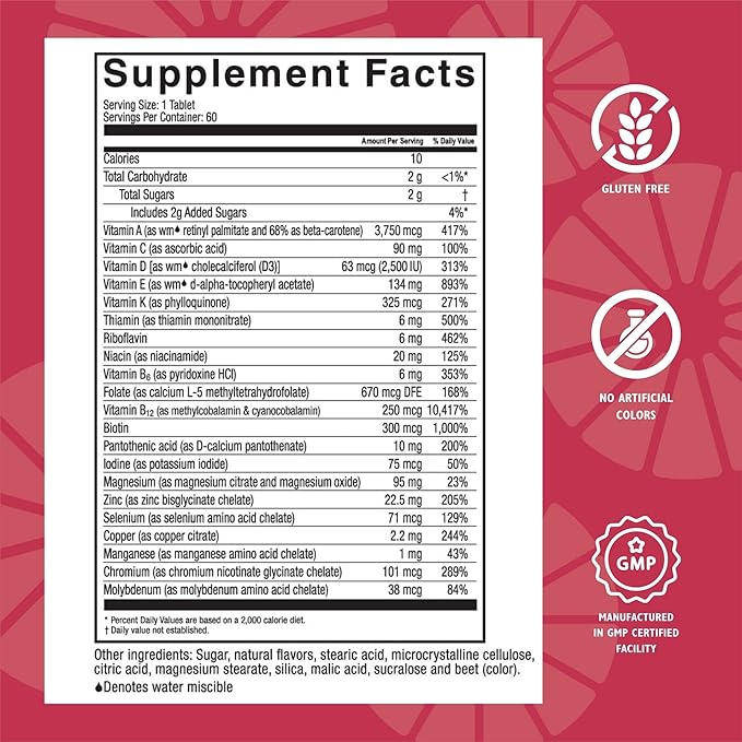 Celebrate Vitamins Multi ADEK Chewables Iron Free - Daily Bariatric Multivitamin High Level of Vitamins A D E K &amp B12 for Duodenal Switch Surgery Patients - Berry Sorbert (60 Tablets)