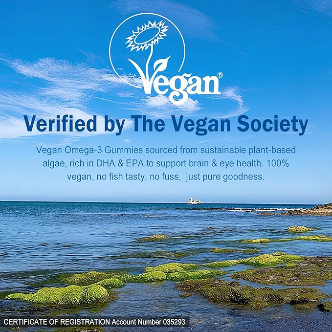 Vegan Omega-3 Gummies 1280mg + CoQ10 + Vitamin D3 K2 (MK7) Omega 3 Fish Oil Alternative for Adults w/EPA 600mg DHA 400mg &amp MCT Oil No Fish Taste from Marine Algae for Brain Eye Immunity 1 Pa