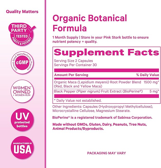 Pink Stork Maca Root Capsules for Women – Organic Maca with BioPerine® for Hormonal Balance Energy + Wellness – Supports Perimenopause Menstrual Health and Vitality