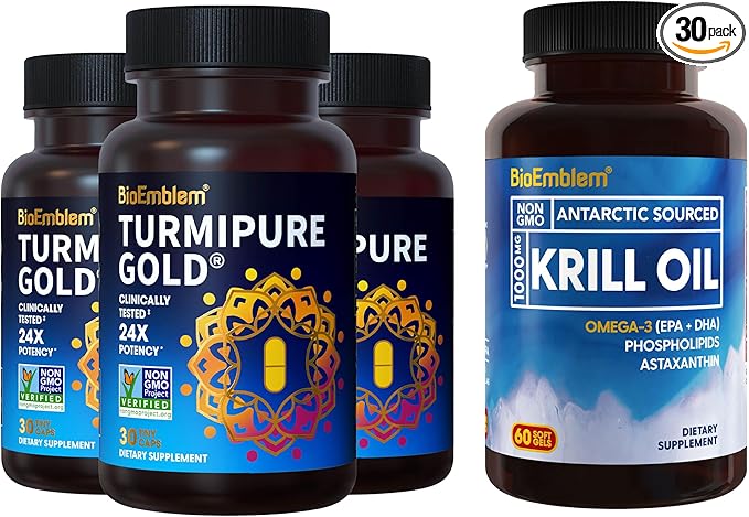BioEmblem Antarctic Krill Oil Supplement Turmeric Curcumin with Clinically Studied TurmiPure - Joint Support Healthy Inflammation Turmeric Supplements