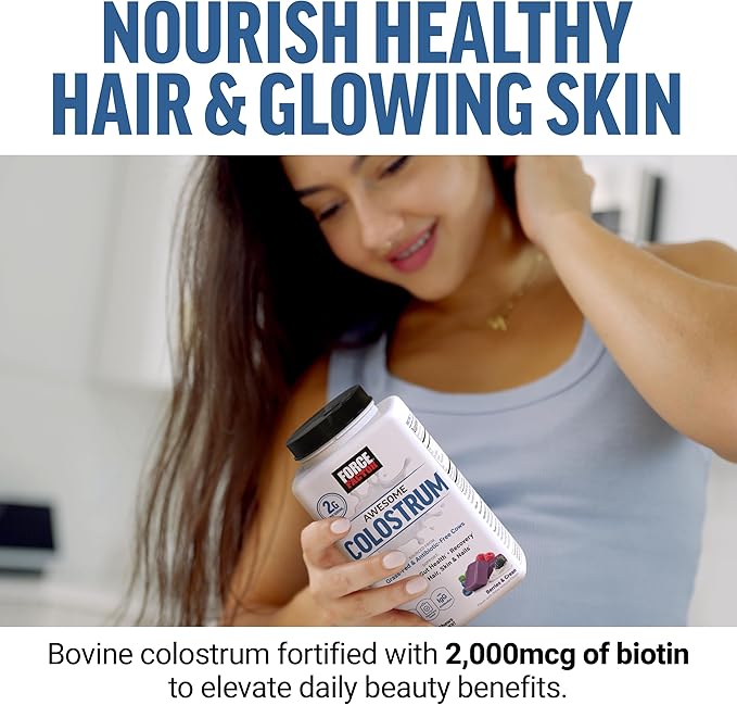 FORCE FACTOR Awesome Colostrum Support Gut &amp Immune Health Recovery Hair Skin &amp Nails Bovine Colostrum Supplement with Biotin Grass-Fed Antibiotic-Free Berries &amp Cream 60 Soft Che