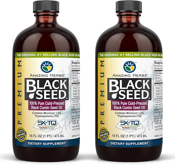 Amazing Herbs Premium Black Seed Oil - Gluten Free Non GMO Cold Pressed Nigella Sativa Aids in Digestive Health Immune Support Brain Function Joint Mobility - 16 Fl Oz (Pack of 2)