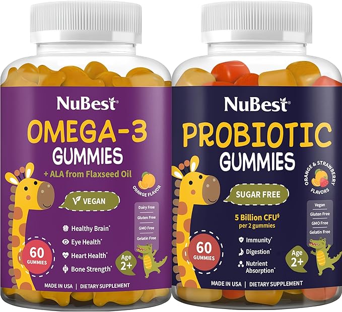 Omega 3 Gummies &amp Probiotic Gummies Bundle - Brain Growth Eye Health Digestive Support in Kid-Friendly Gummies