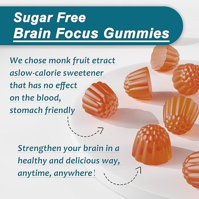 Sugar Free L-Tyrosine Gummies 300mg L-Theanine 200mg Vitamin B6 100mg &amp B12 500mcg Brain Health Herbs 300mg w/Ginkgo Biloba Rhodiola Rosea Lion's Mane Mushroom for Sustained Focus &amp Energy