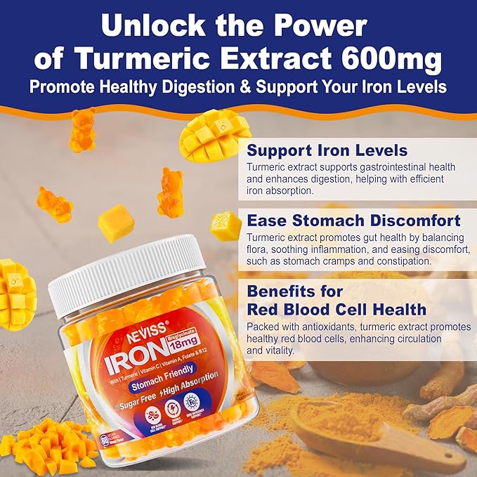 Vegan Iron Gummies Supplement with Vitamin C B12 Folate &amp Turmeric - Energy &amp Immune Health | Gummy Iron Bisglycinate 18mg Gentle &amp Non-Constipating for Iron Deficiency Anemia Women Men