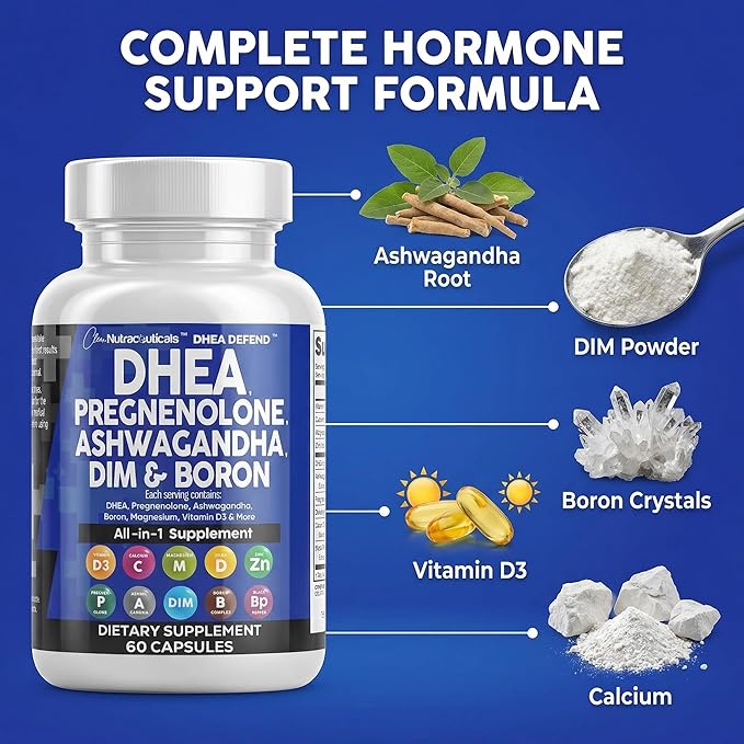 DHEA 200mg Supplement Pregnenolone 100mg for Men &amp Women with DIM Ashwagandha Boron 6mg Complex Calcium Magnesium Zinc 50mg Vitamin D3 5000 IU Hormone Support Capsules Pills Made in USA 60 Count