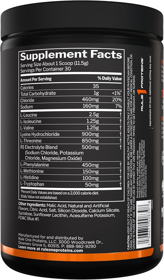 Rule 1 Proteins Essential Amino 9 – Recovery &amp Hydration Support with 7.5g of Essential Amino Acids + Electrolytes (30 Servings Blue Razz Lemonade)