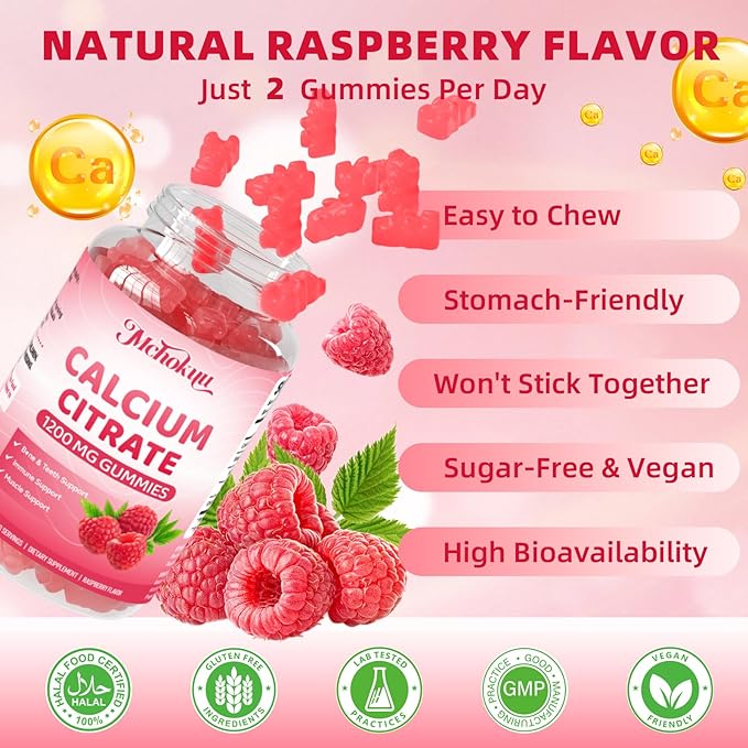 Calcium Citrate Gummies 1200mg Chewable Calcium Supplement for Women &amp Men Supports Bone Muscle &amp Immune Health Sugar-Free Non-GMO Gluten-Free Natural Raspberry Flavor 120 Count