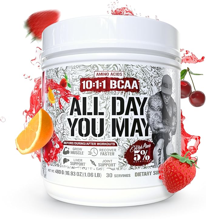 5% Nutrition Rich Piana AllDayYouMay BCAA Powder Premium Intra &amp Post Workout Amino Acids Hydration Endurance Muscle Recovery Joint &amp Liver Support | 16.93 oz 30 Servings (Fruit Punch)