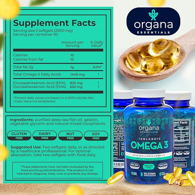 Omega 3 Fish Oil 2000 mg - High EPA 820 mg + DHA 620 mg - 180 Triple Strength Burpless Lemon Flavored Softgels