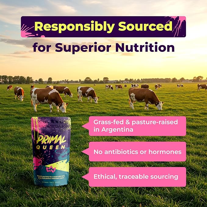 Primal Queen Female-Optimized Beef Organ Superfood Supplement (Beef Liver Kidney Heart &amp 3 More) - 100% Grass Fed Pasture Raised Cattle - Balance Hormones Energy &amp More for Women (Pack o