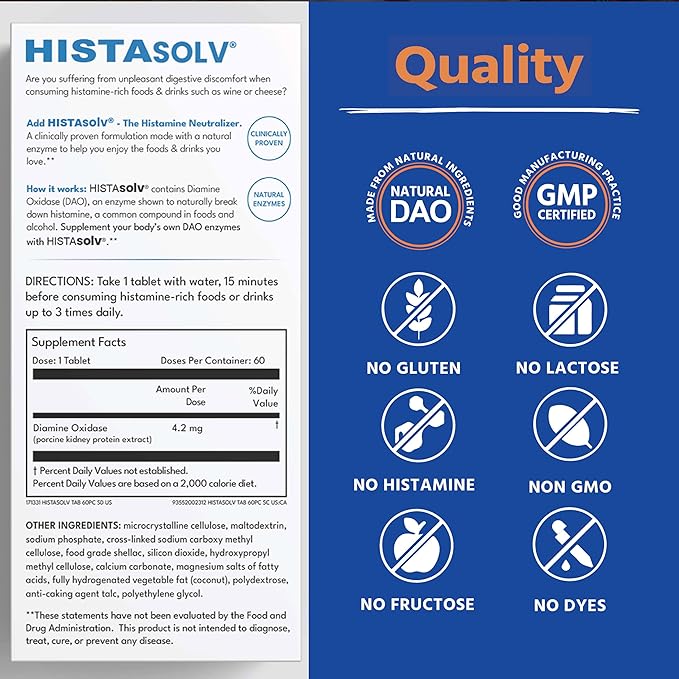 HISTAsolv Extra Strength DAO Enzyme Supplement for Histamine Food Intolerance - Eases Digestive Discomfort - Patented Tech - Made in Austria - 60 Pack