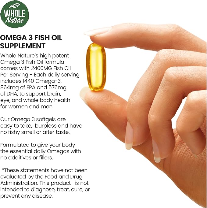 Omega 3 Fish Oil Supplements Maximum Strength 2400 mg Omega-3 1440mg Fish Oil EPA DHA Fatty Acids Heart Health Vision Eye Brain Immune Support for Women &amp Men. Natural Lemon Flavor 60 ct