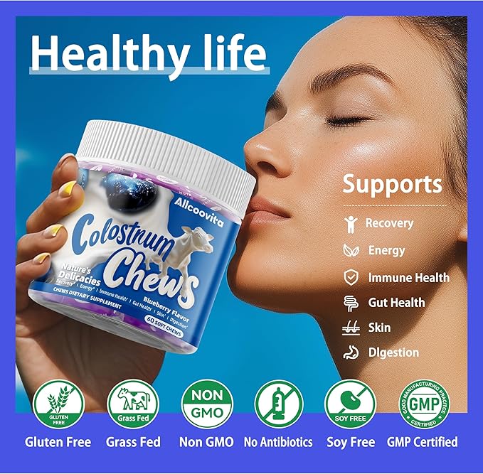 Bovine Colostrum Chews Supplement with probiotics for Gut Health Bloating Immune Support Skin Hair Growth and Beauty - Blueberry Flavor (60 Servings)